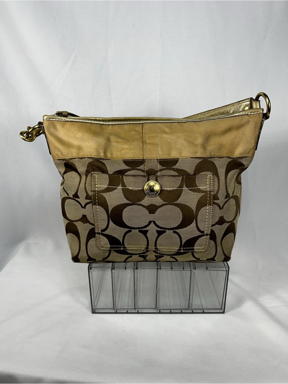 Coach Tan/Brown Signature Canvas Shoulder Bag with Gold Accents